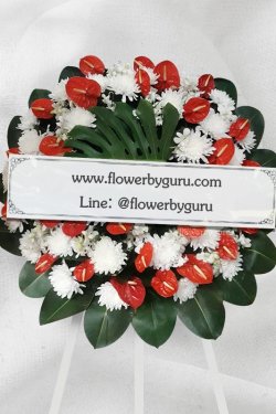 พวงหรีดดอกไม้สดโทนขาวแดง